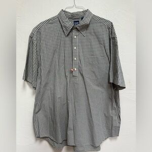 Vintage GAP Shirt Tan & Navy Blue Plaid 3/4 Button Down Short Sleeve Size XXL